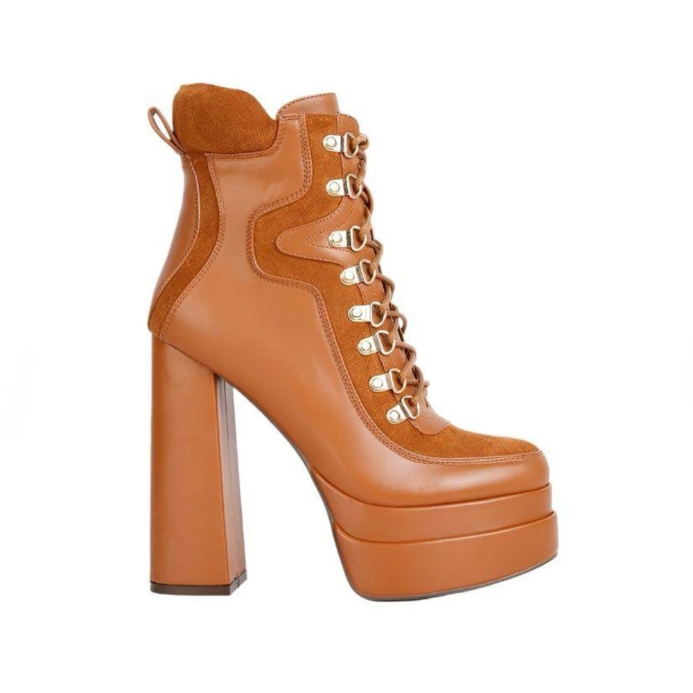 BEAMER CARAMEL FAUX LEATHER
HIGH HEELED PLATFORM ANKLE BOOTS